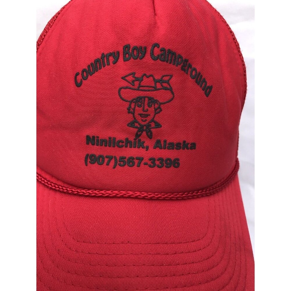 Vtg 80 Red Trucker Hat Baseball Cap Snapback Retro Country Boy Campground Alaska